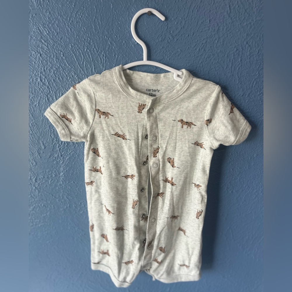 Carter's Gray dog print snap up romper with dog decal on back